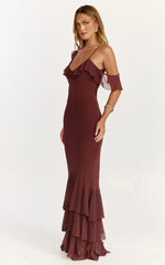 Riley Maxi Dress - Asymmetric Ruffle Detail Maxi Dress in Chocolate