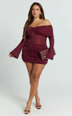 Rumi Mini Dress - Glitter Tulle Off Shoulder Ruched Dress in Wine