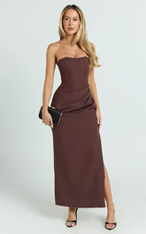 Avery Midi Dress - Strapless Draped Side Split Dress in Chocolate