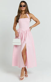 Helda Midi Dress - Halter Tie Neck Corset Panel Dress in Pink