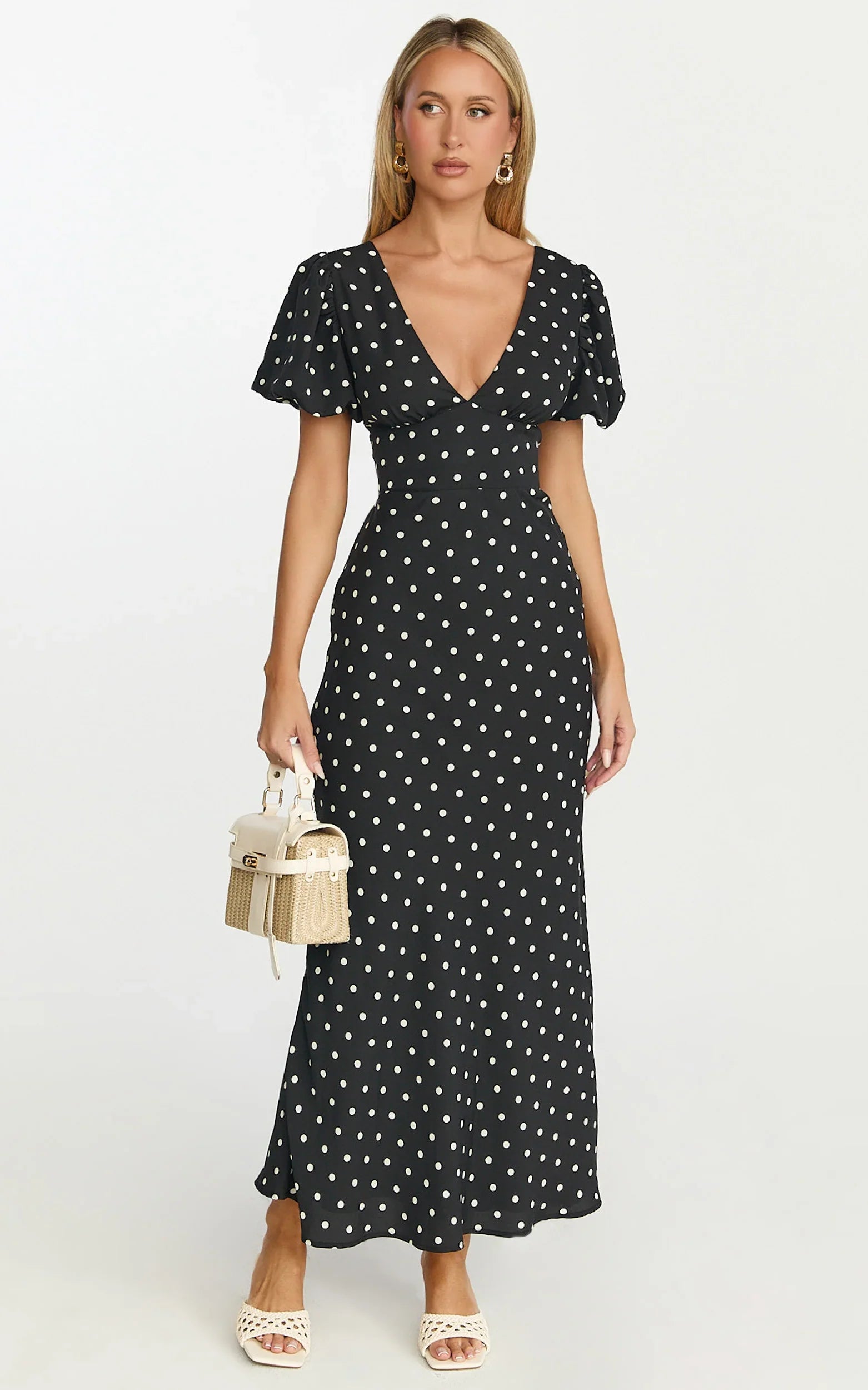 Elise Midi Dress - V Neck Puff Sleeve Dress in Black Polka