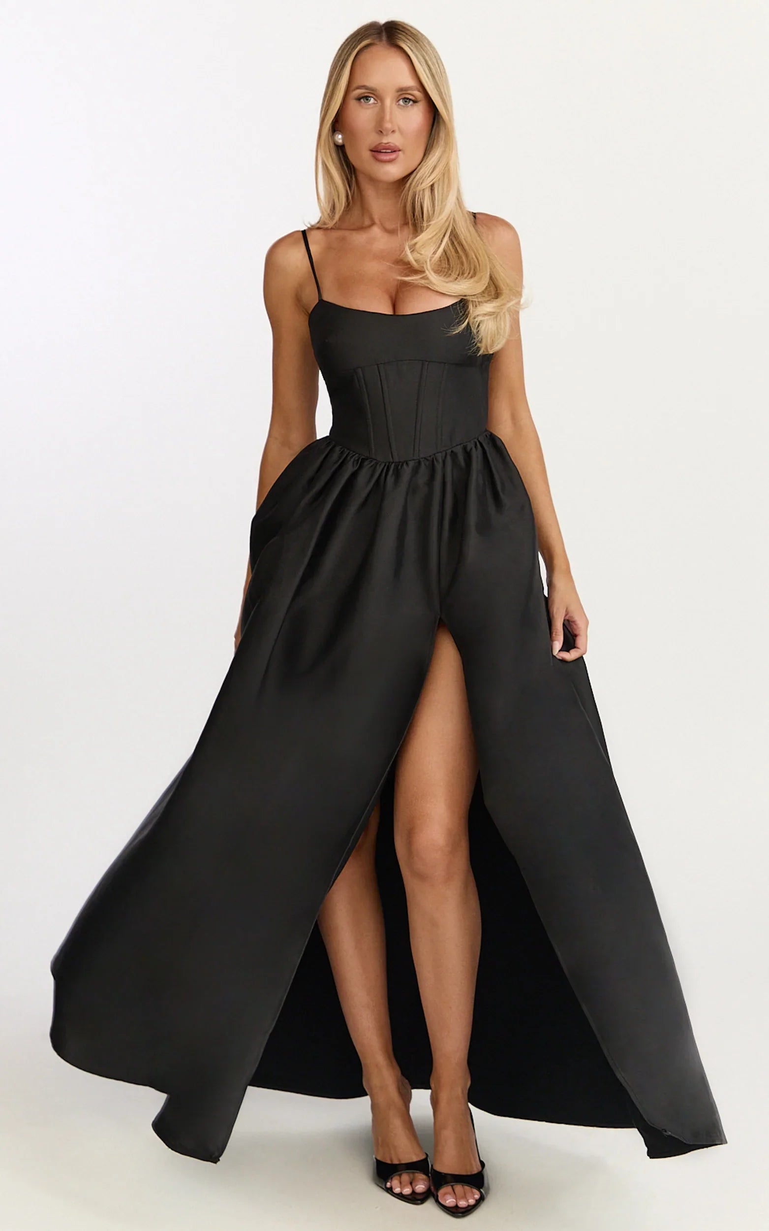 Louisa Maxi Dress - Boned Bodice Lace Up Back Dress in Black