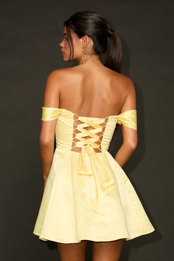 Rhylee Light Yellow Satin Lace-Up Off-the-Shoulder Mini Dress