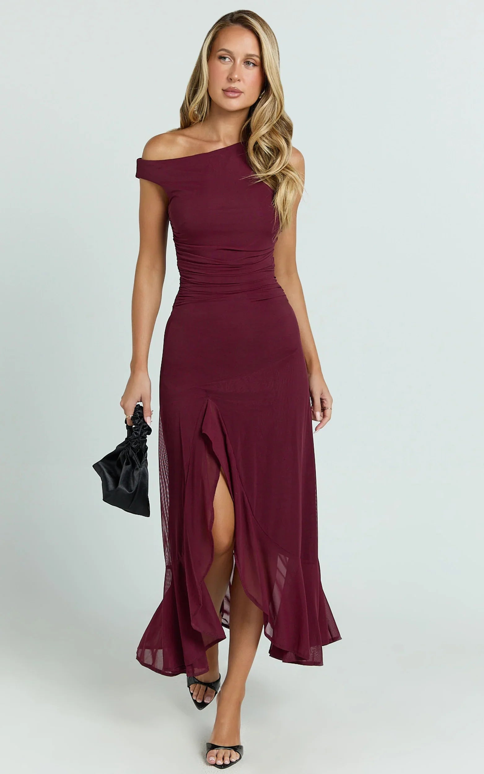 Judee Midi Dress - One Shoulder High Side Split Dress in Wine
