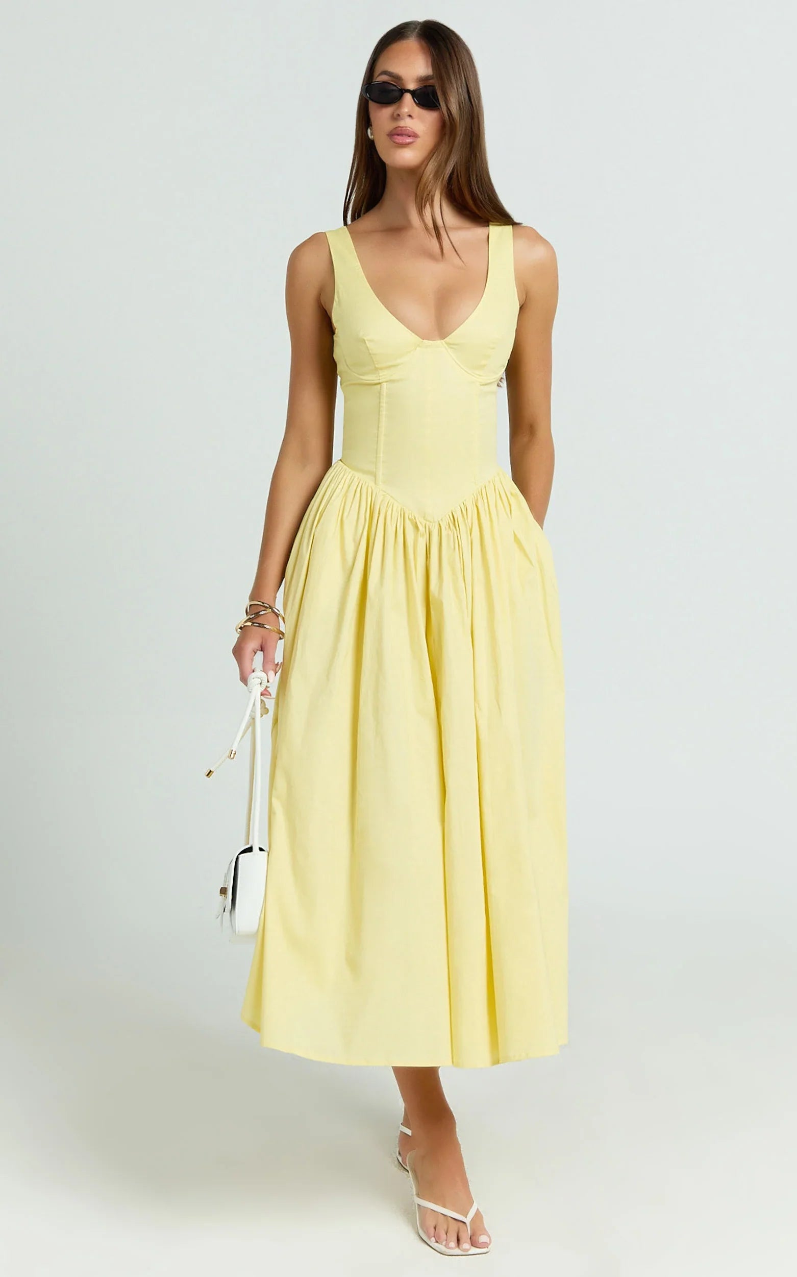 Beckett Midi Dress - Scoop Neck Drop V Waist Gathered Skirt Dress in Butter Yellow