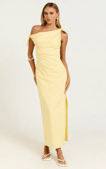 Cincinnati Midi Dress - Off The Shoulder Side Split Column Linen Dress in Lemon