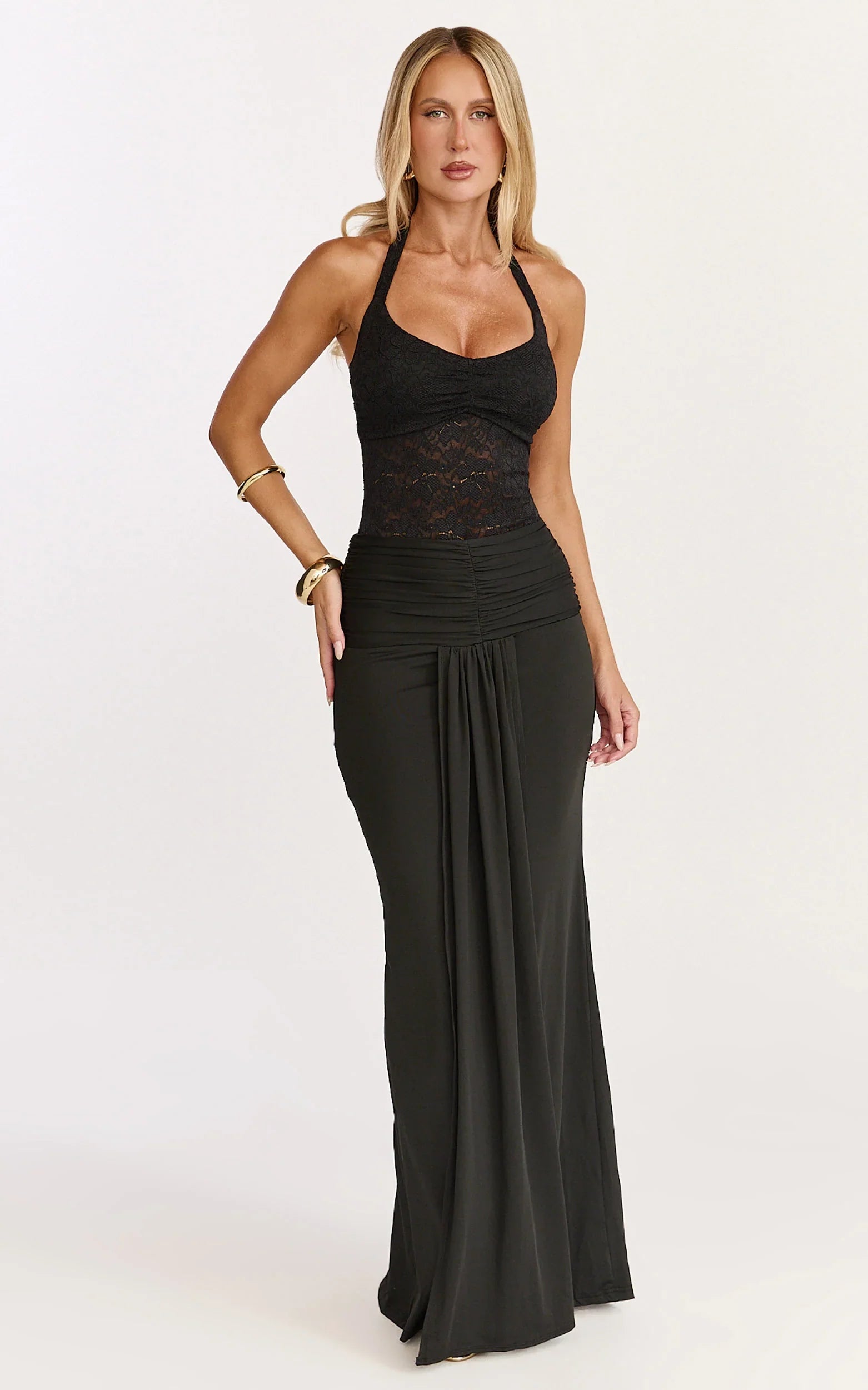 Melville Maxi Dress - Lace Bodice Draped Front Halter Dress in Black