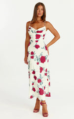Dahlia Midi Dress - Cowl Neck A Line Dress in Scarlet Rose Print