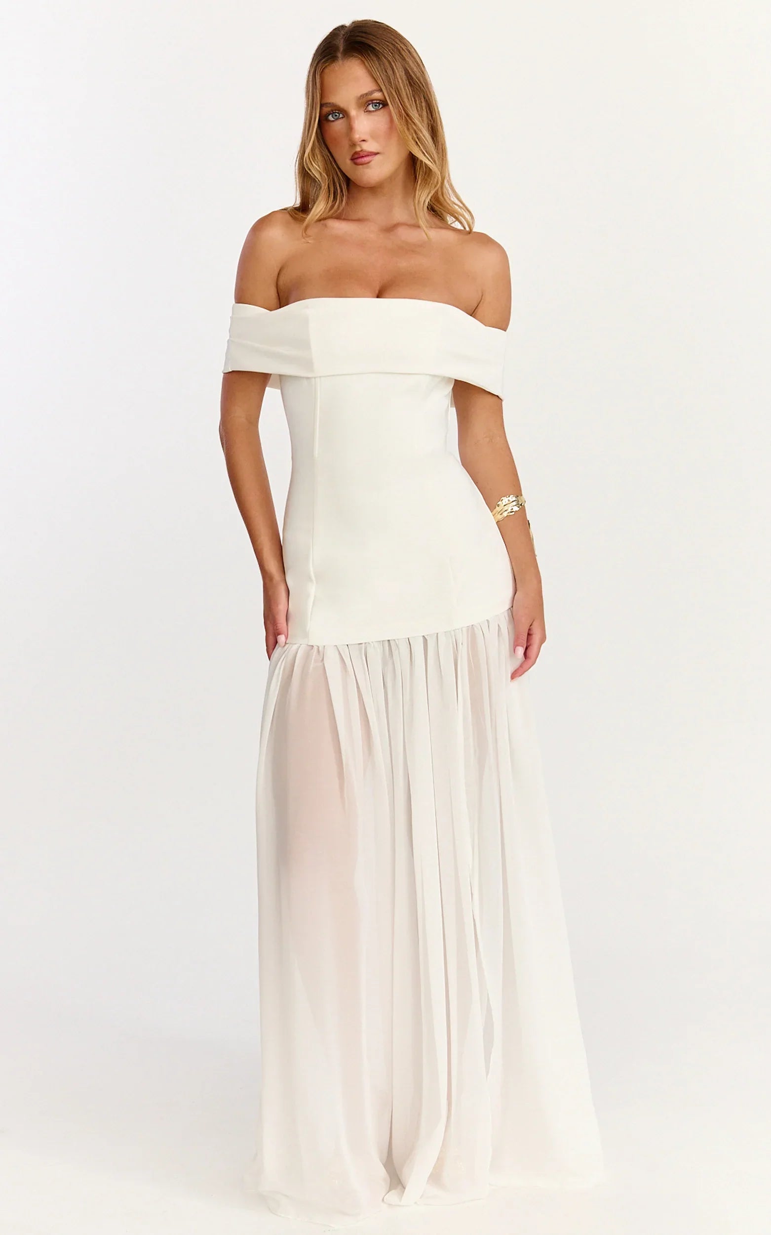 Florence Maxi Dress - Off Shoulder Sheer Skirt Dress in White