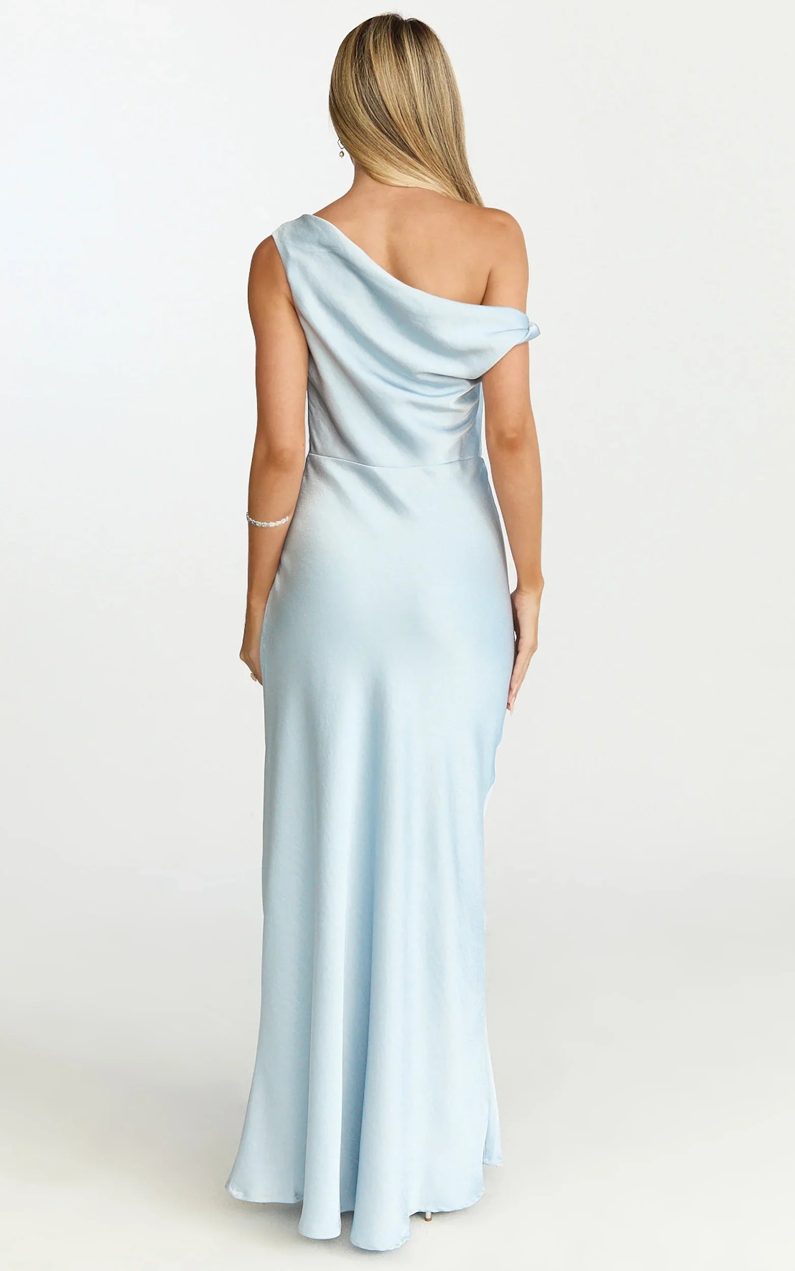 Lira Midi Dress - One Shoulder Satin Dress in Pale Blue