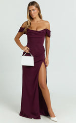 Marcel Maxi Dress - Off Shoulder Corset High Split Dress in Wine