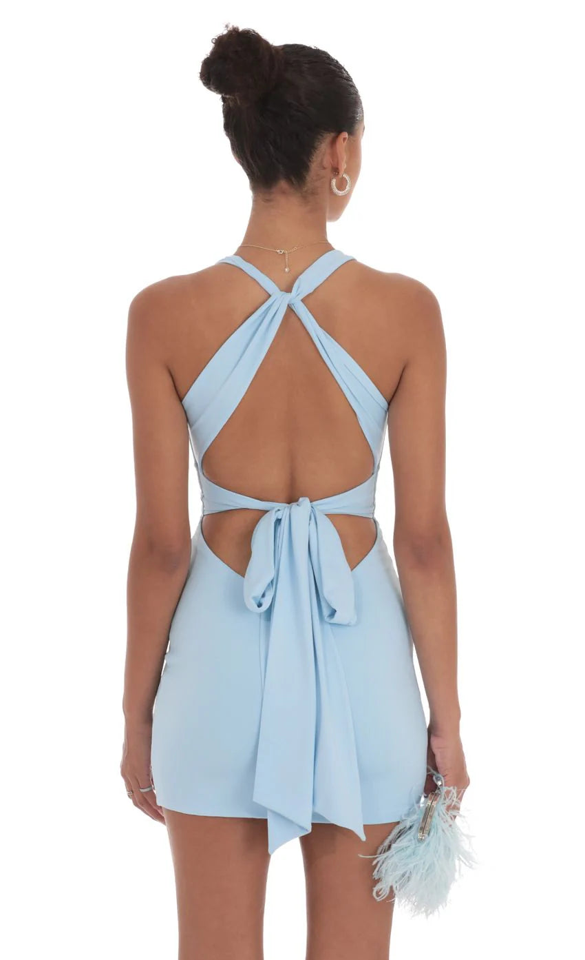 Twist Open Back Dress in Light Blue