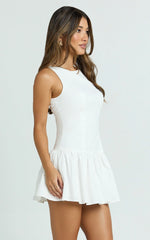 Izira Mini Dress - Boat Neck Drop Waist Shift Dress in White