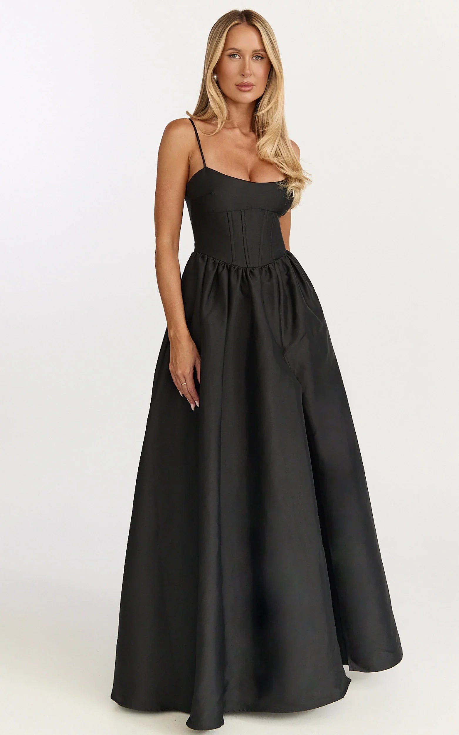 Louisa Maxi Dress - Boned Bodice Lace Up Back Dress in Black