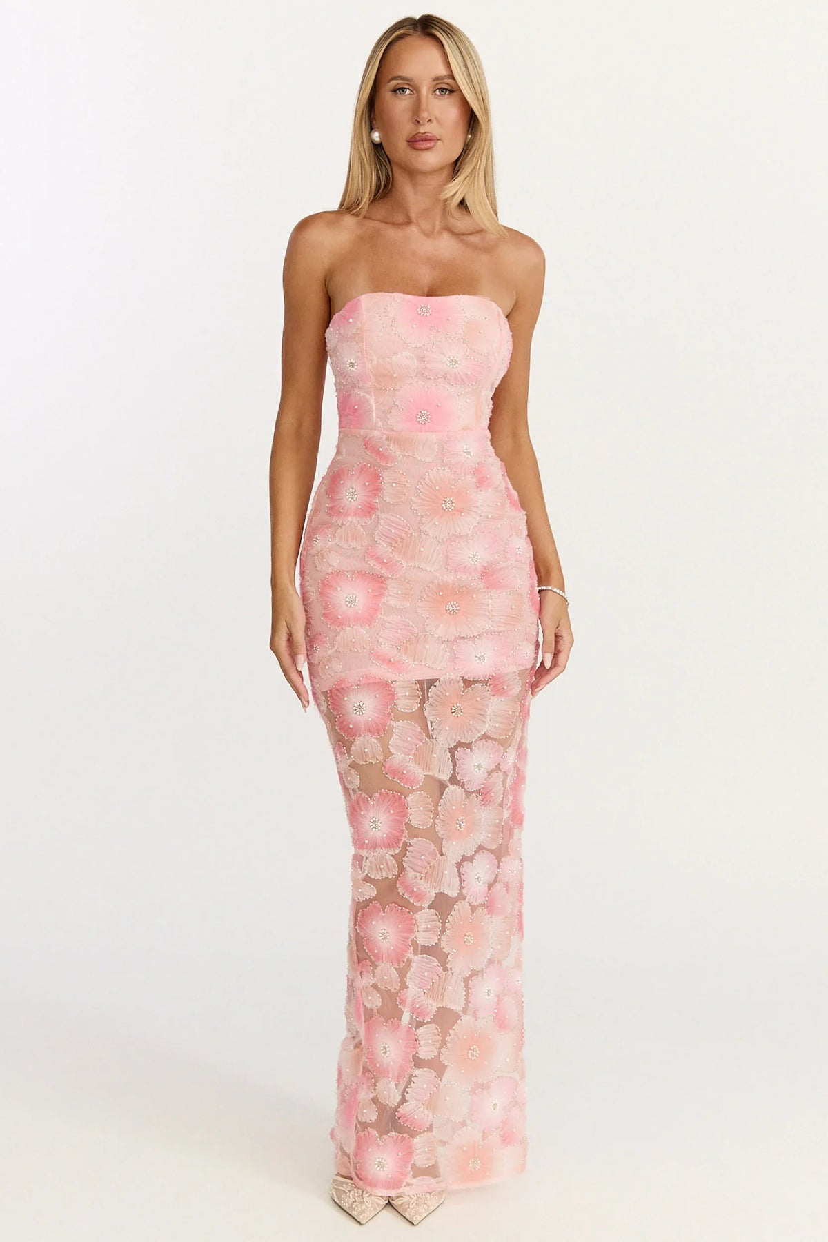 Lima Maxi Dress - Strapless Floral Embellished Column Dress in Pink