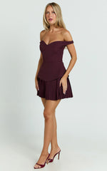 Izara Mini Dress - Off Shoulder Pleated Dress in Wine