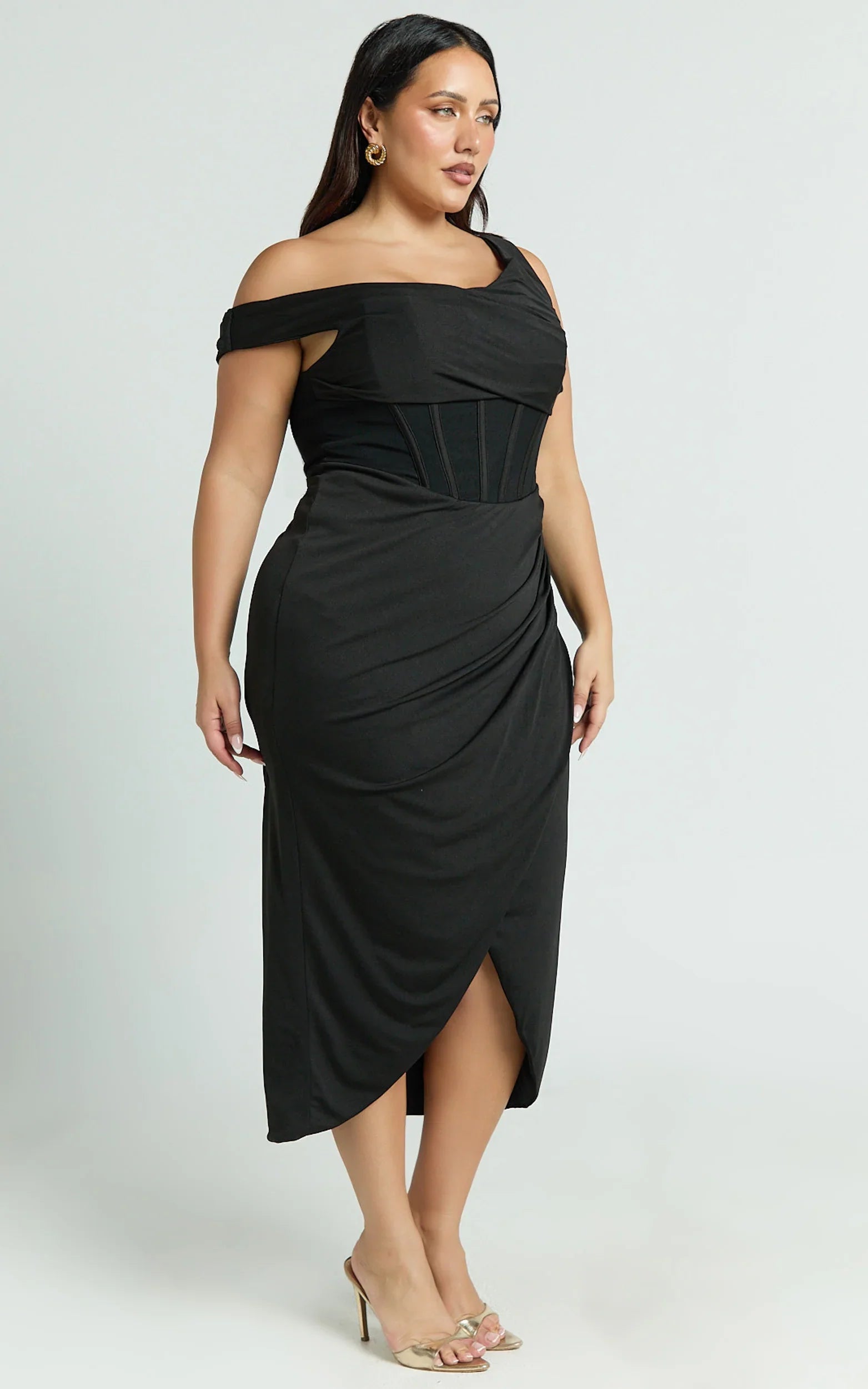 Aidia Midi Dress - Off Shoulder Draped Corset Dress in Black
