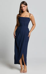 Andrina Midi Dress - High Low Wrap Corset Dress in Navy