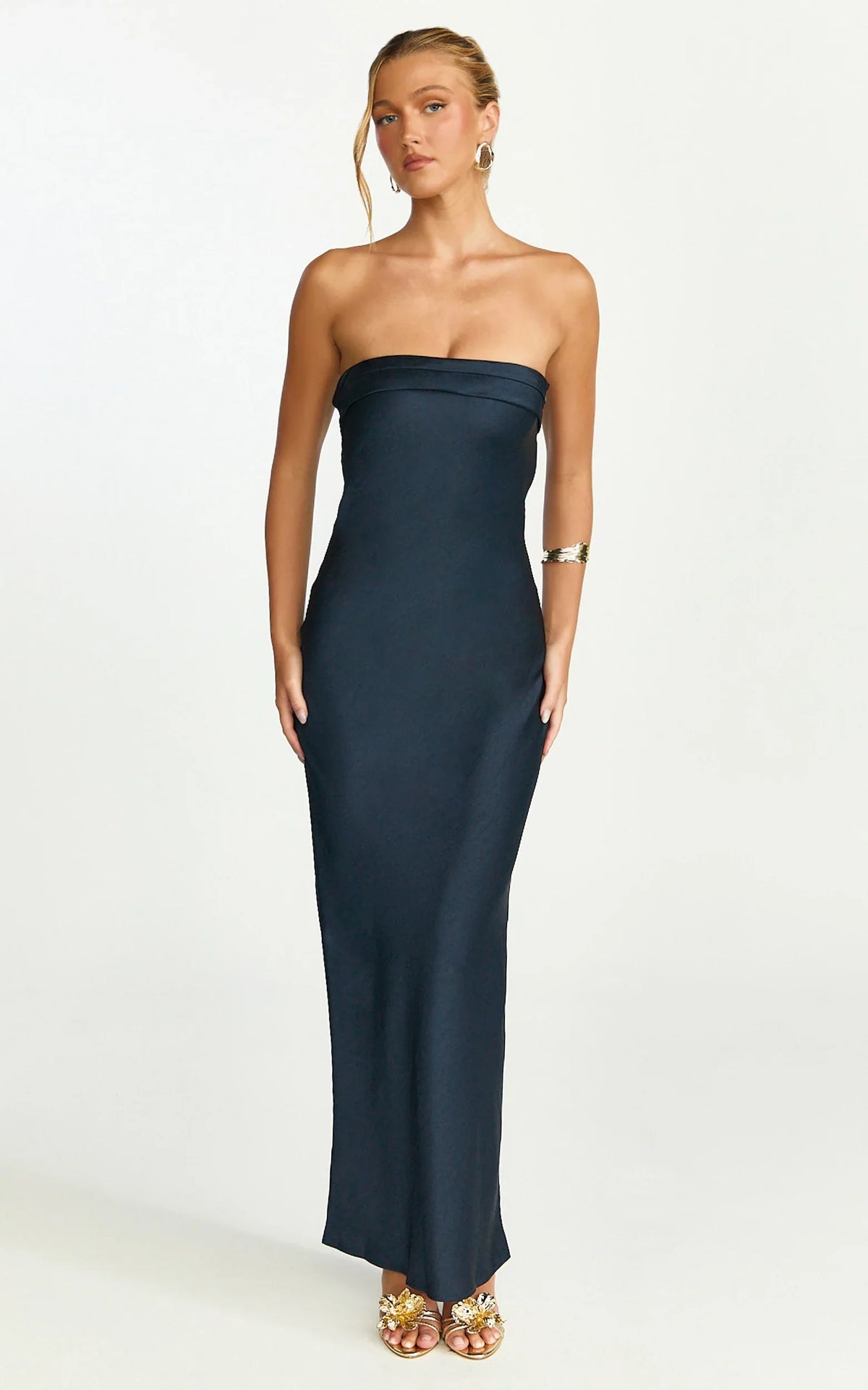 Zaya Midi Dress - Strapless Satin Slip Dress in Navy