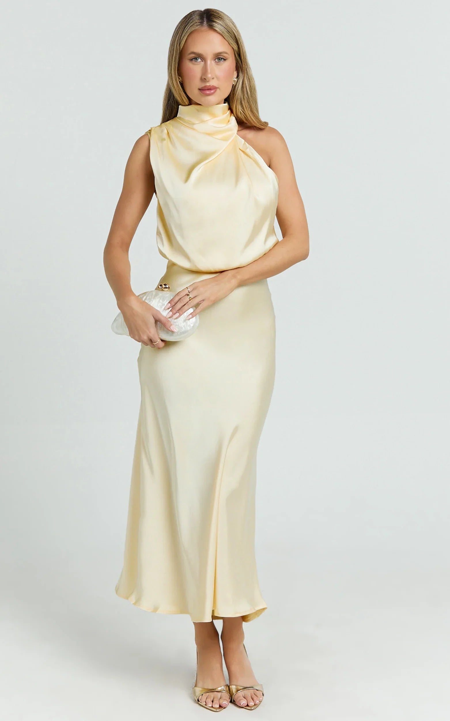 Minnie Midi Dress - Drape Neck Satin Slip Dress in Butter Yellow