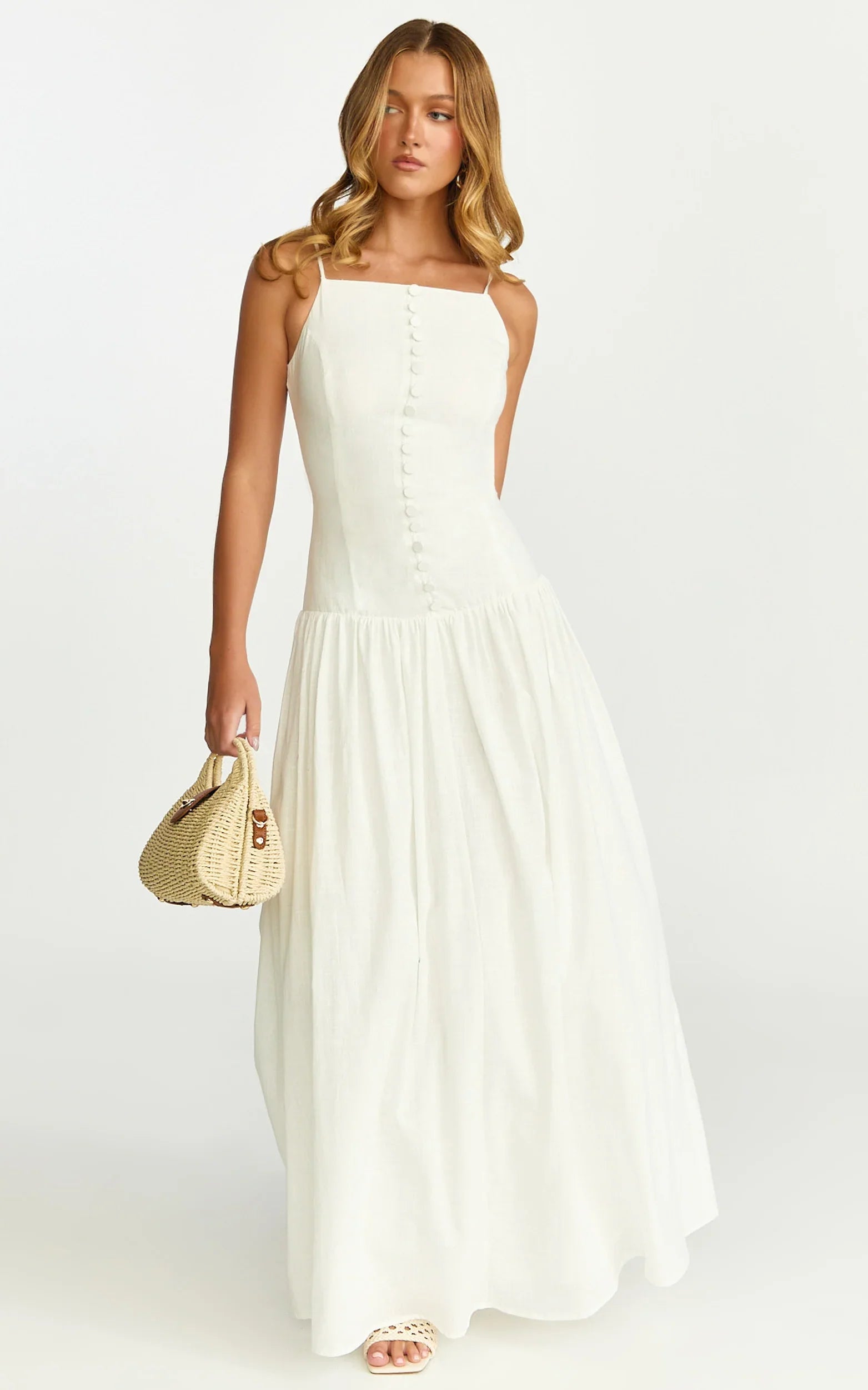 Cortez Maxi Dress - Square Neck Button Down Dropped Waist Dress in White