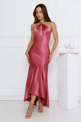 Silken Affair Halter Satin Maxi Dress Rose