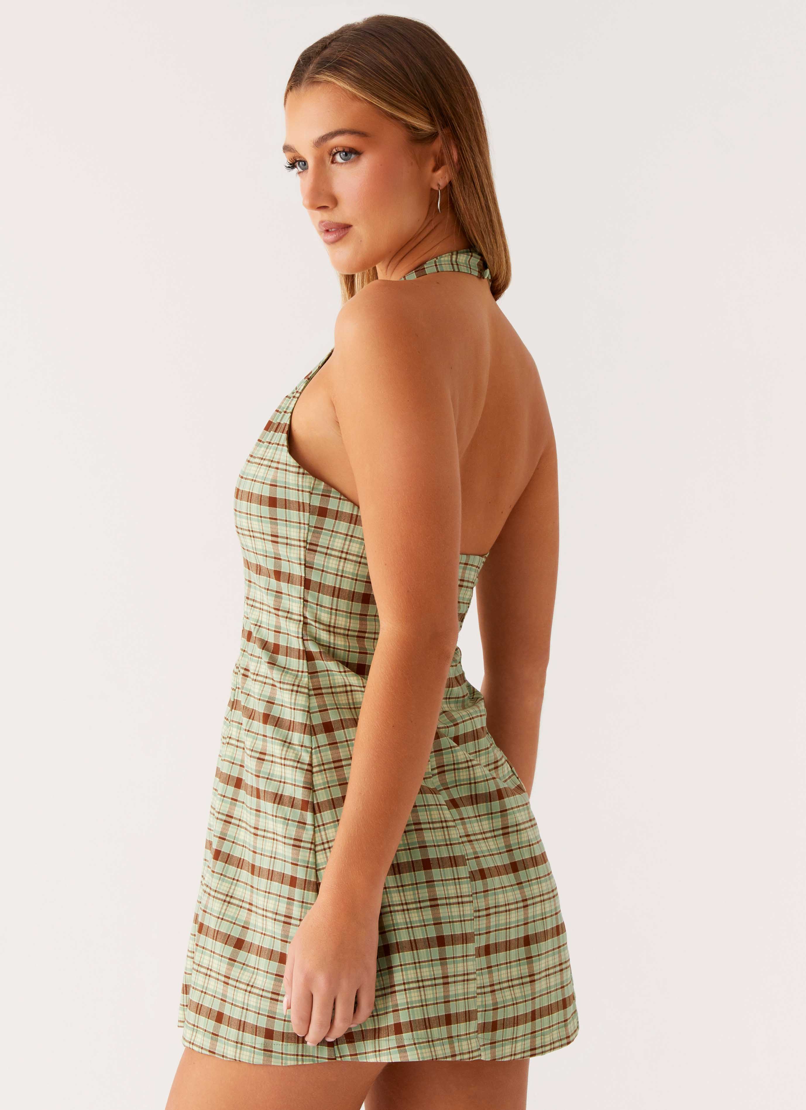 Dunia Halter Mini Dress - Forest Plaid